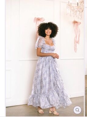 Lavender Floral Puff-Sleeve Maxi Dress with Ruffled Hem